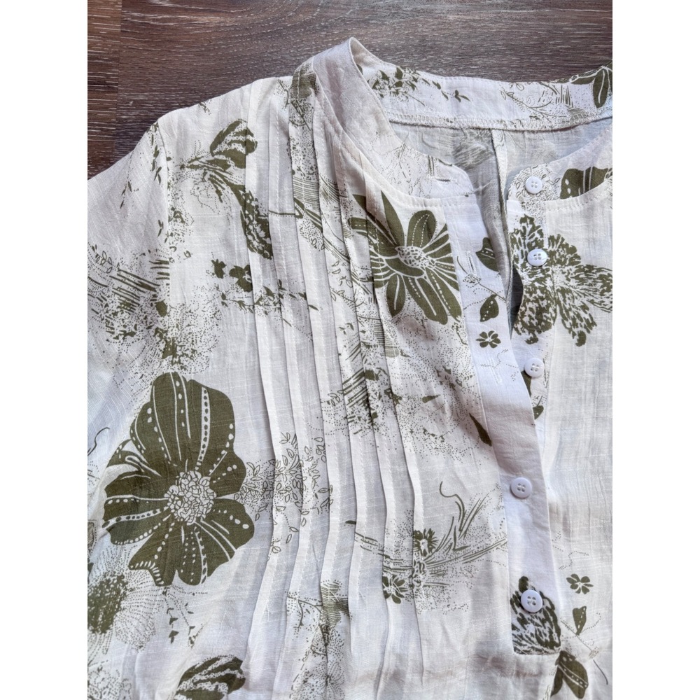 Floral Pintuck Button Front Blouse Olive Green White Short Sleeve XL - Picture 2 of 9